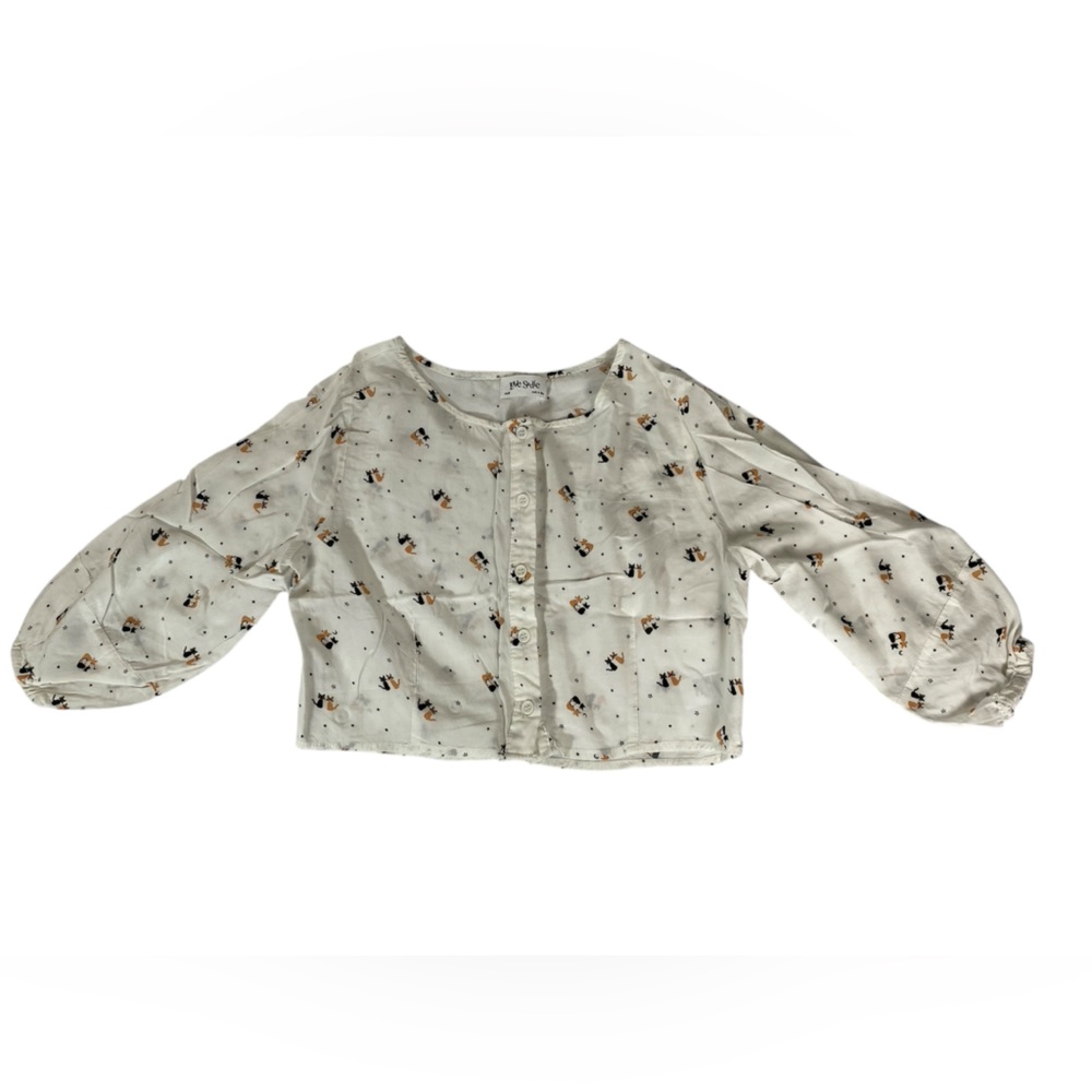 Love Sadie Shirt Women’s Small Cropped Cat Print With Moon And Stars Button Up